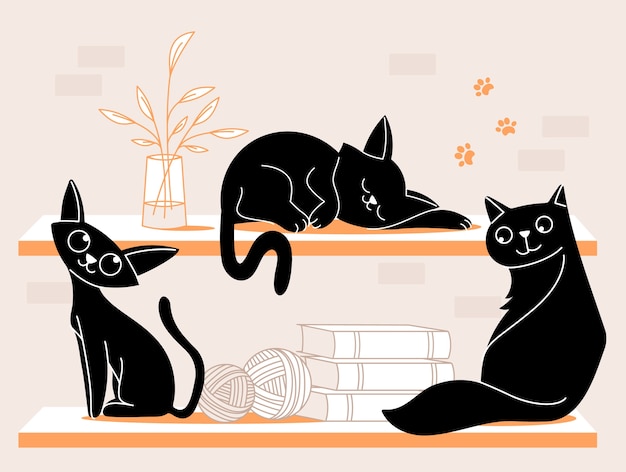 Zusammensetzung von Katzensilhouetten in handgezeichnetem Design
