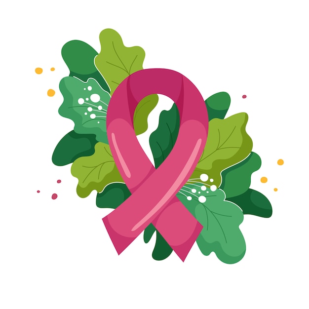 Vektor zusammensetzung von rosa band und üppigem laub und blumen in der moderne. symbol des oktober-bewusstseinsmonats für brustkrebs. illustration auf weiß