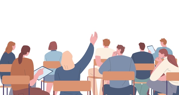 Zuschauer oder Zuschauer Studenten sitzen auf Stühlen bei einem Vortrag Flach männliche und weibliche Charaktere bei der Unternehmensbildung Vektor Menschengruppe