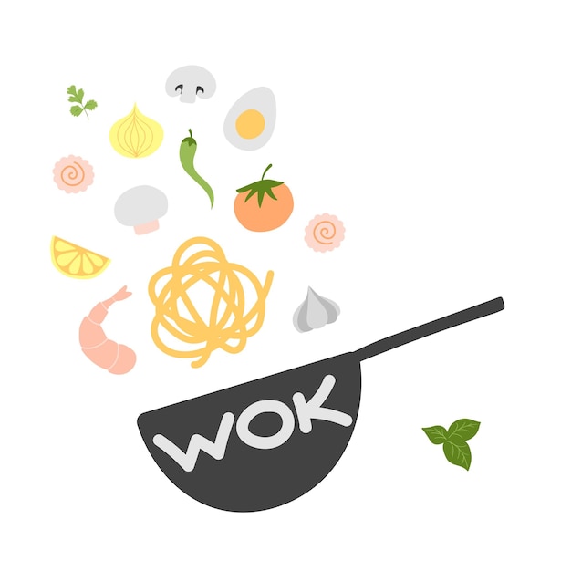 Zutaten für wok-pfanne vektor-doodle flache asiatische wok-symbole gesetzt fliegende gemüse mit meeresfrüchten für die menügestaltung