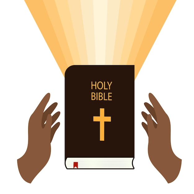 Zwei afroamerikanische Hände schützen die heilige Bibel. Lichter aus der Bibel. Buch lesen. Religion studieren. Ve