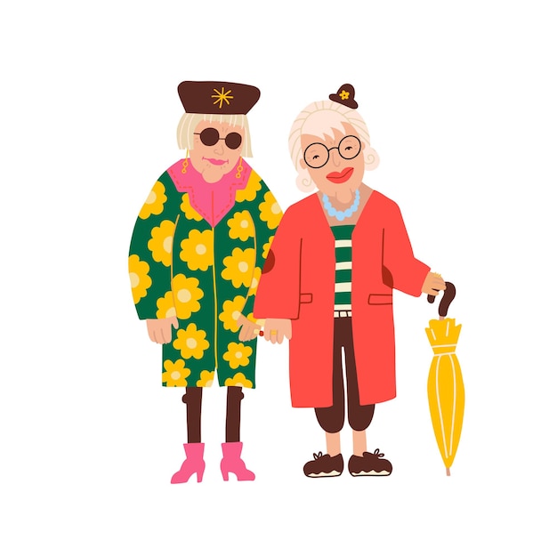 Zwei alte damen, die qute fashomable kleidung tragen, süße lustige ältere weibliche charaktere in hellen mänteln handeln ...
