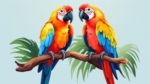 Vektor zwei farbenfrohe papageien sitzen auf einer zweige mit blättern