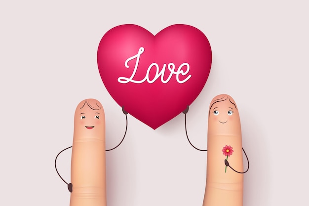 Zwei Finger halten ein rotes Herz Liebe Inspirative Liebesbotschaft für Ehemann, Freund oder besondere Person Flachstil Vektor realistische Illustration isoliert auf grauem Hintergrund