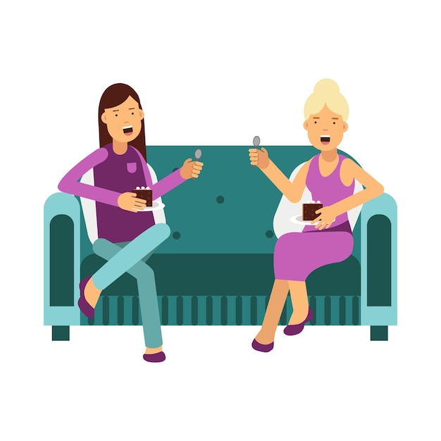 Zwei frauen, die auf einem sofa sitzen, sprechen und essen eine kuchenvektorillustration lokalisiert auf einem weißen hintergrund