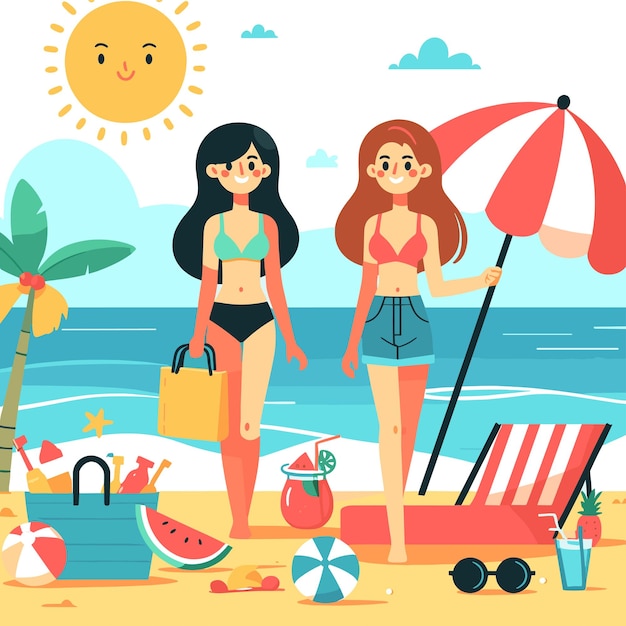 Zwei Frauen gehen am Strand, eine von ihnen hält eine Tasche
