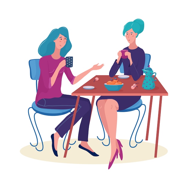 Zwei Frauen, Mädchen am Tisch sitzen