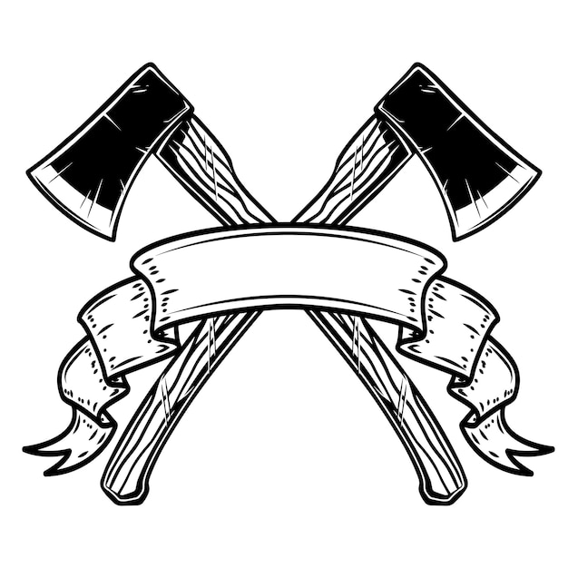 Zwei gekreuzte beile mit band. gestaltungselement für logo, etikett, schild, poster, karte, banner. vektor-illustration
