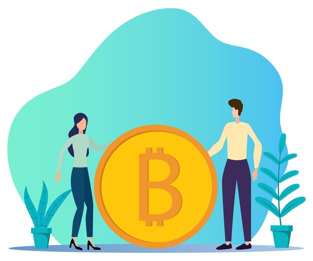 Zwei Geschäftsleute, ein Mann und eine Frau, stehen in der Nähe einer großen Bitcoin-Münze