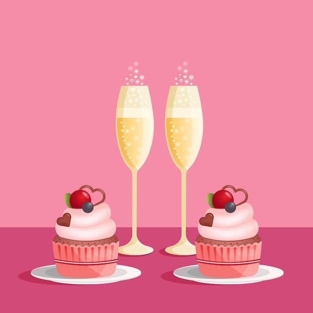 Zwei Gläser Champagner und Cupcakes Vektorillustration des Liebeskonzepts
