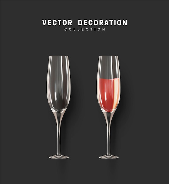 Zwei Gläser mit Wein und Champagner. Vektor Weingläser realistisch isoliert auf dunklem Hintergrund