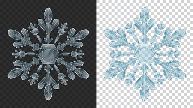 Vektor zwei große, komplexe, transparente weihnachtsschneeflocken in hellblauen farben zur verwendung auf dunklem und hellem hintergrund. transparenz nur im vektorformat
