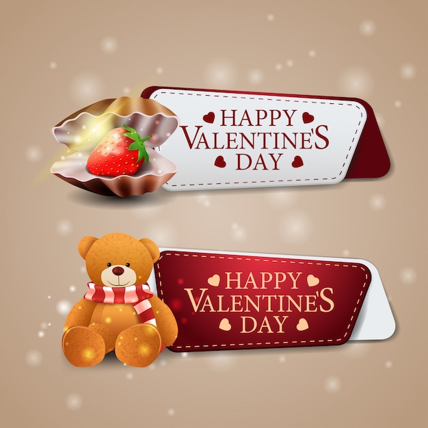 Zwei grußbanner zum valentinstag mit perlenschale und teddybär