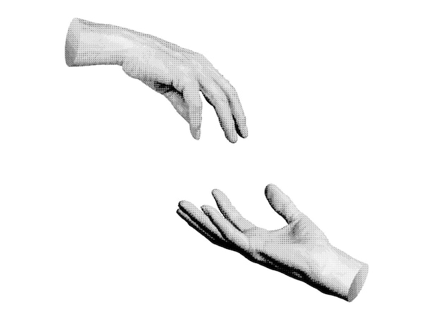 Zwei Hände, die sich gegenseitig für die Liebe erreichen, Einheit, Hilfe, Finger, die sich ausstrecken, Halftone-Stil