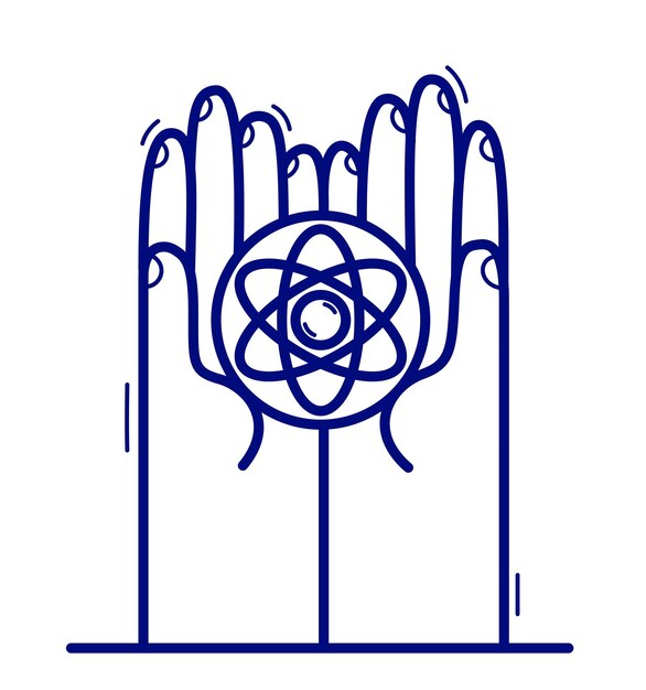 Vektor zwei hände mit atom-symbol zum schutz und zur darstellung von pflegevektor-flat-style-illustration isoliert auf weiß, wertschätzung und verteidigung für wissenschafts- und forschungskonzept, kernatom für frieden.