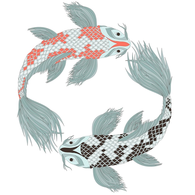 Vektor zwei japanische karpfen im stil von feng-shui-symbolen farbige fische als sternzeichen