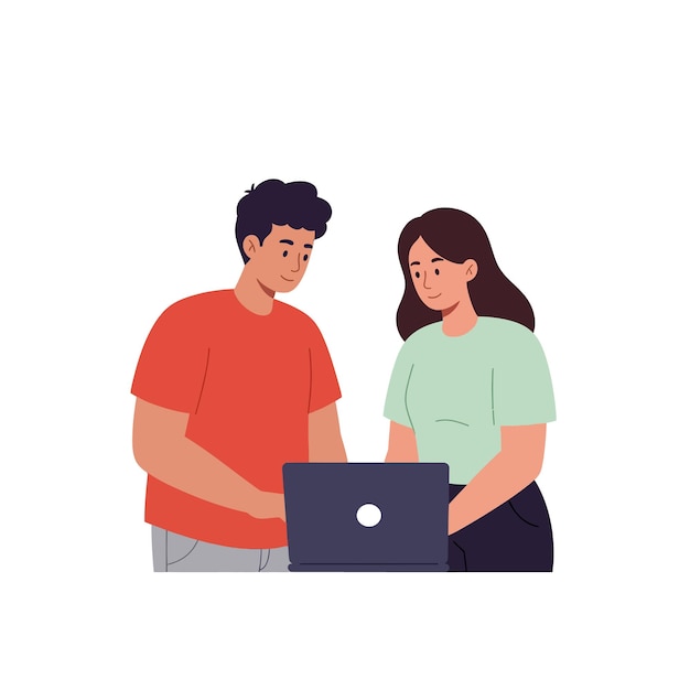 Zwei junge Erwachsene arbeiten an einem Laptop mit fokussierten Ausdrücken in einer flachen Vektorillustration zusammen