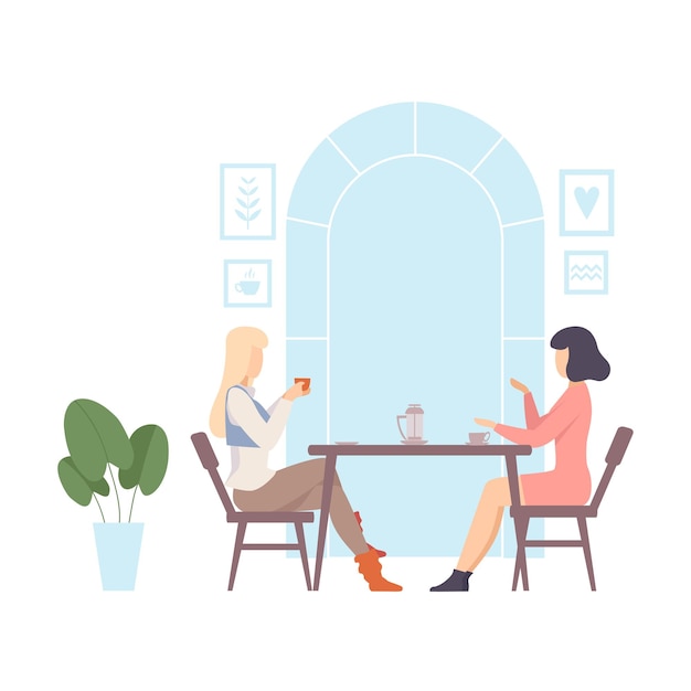 Vektor zwei junge frauen sitzen an einem tisch in einem café.