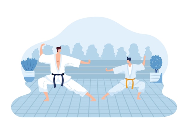 Vektor zwei kampfkünstler üben karate in einem dojo, einer mit schwarzem gürtel und der andere mit gelbem gürtel. karate-training, kampfsport-übungsvektorillustration