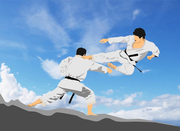 Zwei Karateka kämpfen im Himmel, tragen weiße Keikogi und schwarze Gürtel und führen einen fliegenden Tritt und einen defensiven Block durch