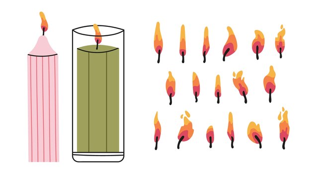 Zwei kerzen und brennende flamme icon set nahaufnahme isoliert. feuer von einer kerze.