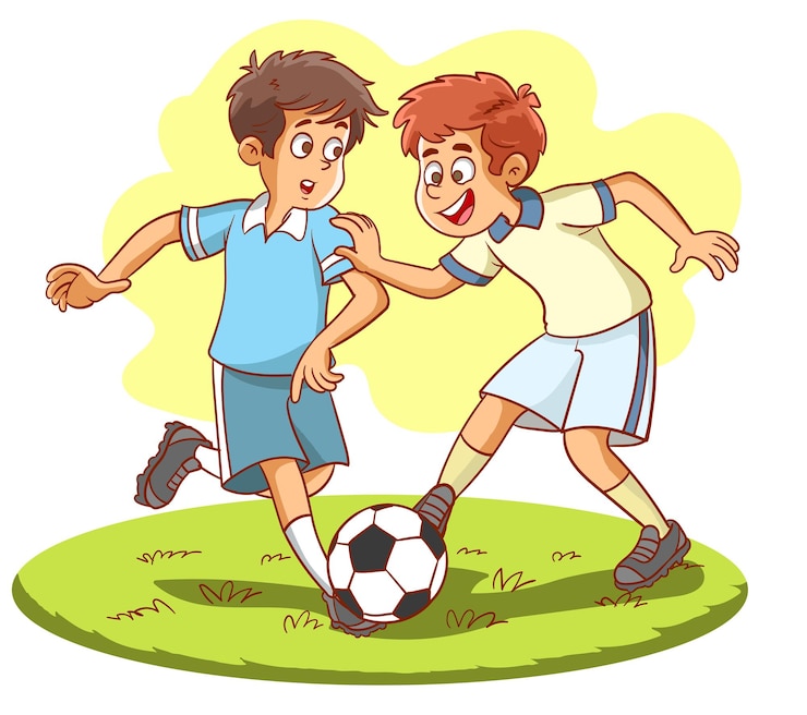 Vektor zwei kleine jungen spielen fußball, glückliche kinder spielen fußball im park isoliert