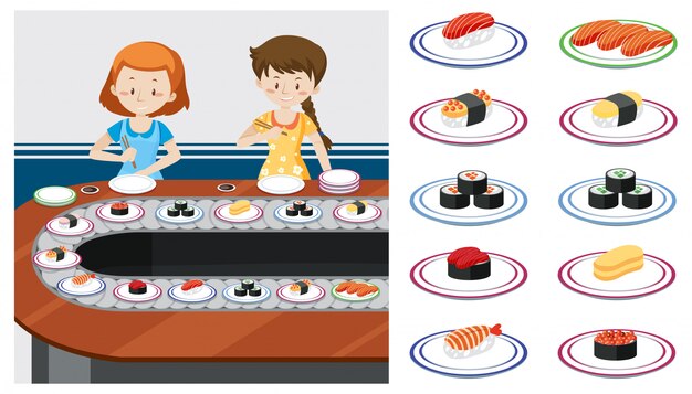 Vektor zwei ladys in einem sushi-zug