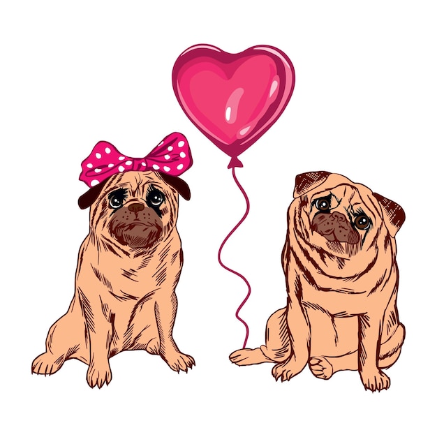 Zwei lustige möpse und ein herzförmiger ballon. vektorillustration zum thema alles gute zum geburtstag und valentinstag. grußkarten-feiertagsbanner