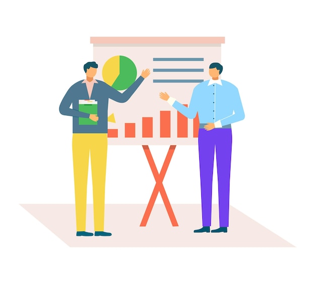 Zwei Männer diskutieren Geschäftsdaten auf einem Präsentationsdiagramm. Büroangestellte analysieren Verkaufsdiagramme und Berichte. Präsentation und Diskussion in Meeting-Vektorillustrationen