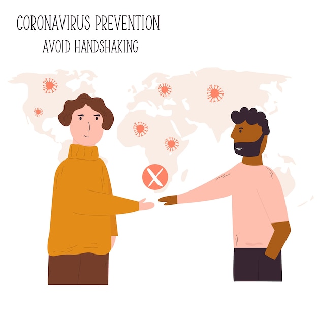 Vektor zwei männer schütteln sich die hände empfehlung zur verhinderung der ausbreitung des coronavirus