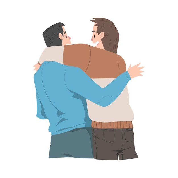 Zwei Männer umarmen sich Sicht von hinter der männlichen Freundschaft Konzept Cartoon-Stil Vektor-Illustration
