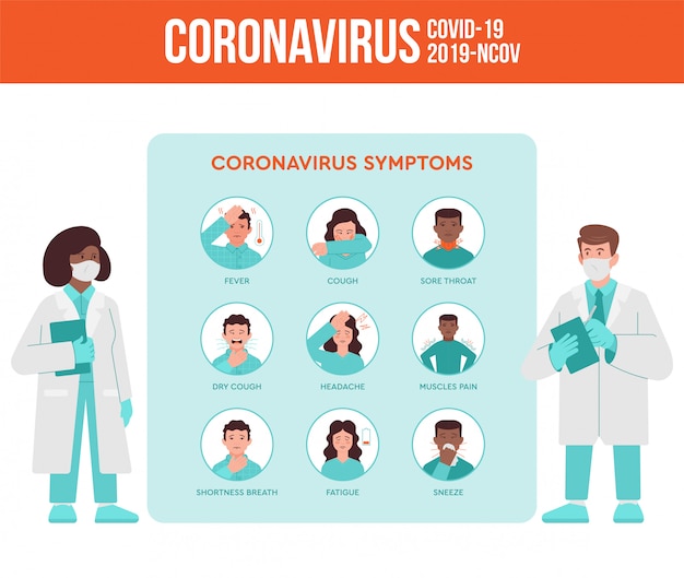 Vektor zwei mediziner, arzt und krankenschwester, berichten über coronavirus-symptome und die quarantänepandemiesituation für die menschen. covid-19, 2019-ncov-virus-set infografik-anweisungen. moderne illustration des flachen designs