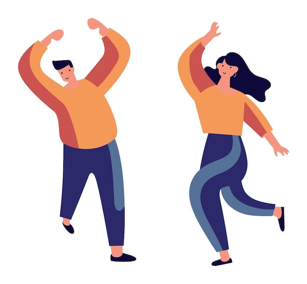 Vektor zwei menschen tanzen freudig mit den armen hoch, männliche und weibliche glückliche tänzer, gelegenheitsbekleidung, spaßaktivität, freudige stimmung, vektorillustration.