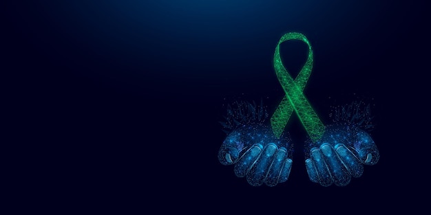 Zwei menschliche Hände halten grünes Band Bewusstsein Bipolare Störung Nebennierenkrebs Depression Glaukom Bewusstseinsmonatskonzept für psychische Gesundheit Abstrakte Vektorillustration