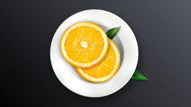Vektor zwei orangenscheiben auf einem weißen teller.
