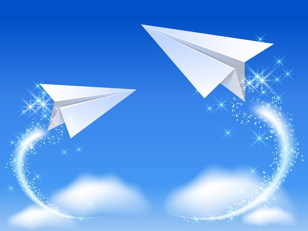 Zwei papierflugzeuge fliegen in den himmel