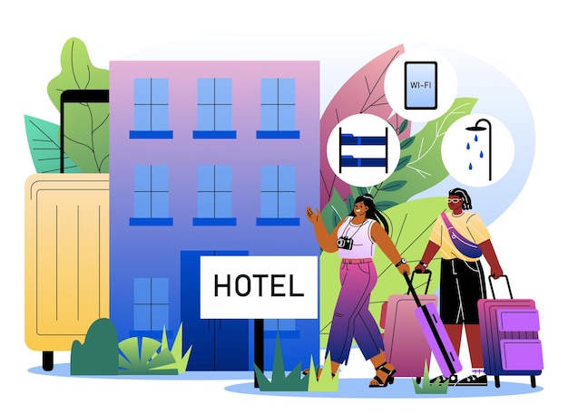 Zwei Personen mit Koffern kommen in ein Hotel an, das mit Annehmlichkeiten wie WLAN-Betten und Duschen ausgestattet ist