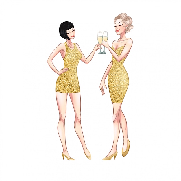Vektor zwei schöne junge frauen, die champagnergläser halten. pin-up-flapper-girls der retro-party der zwanziger jahre in goldenen glitzerkleidern. comic-illustration