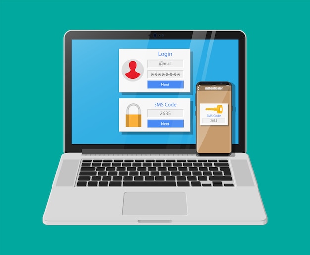 Zwei-Schritte-Authentifizierungskonzept. Laptop mit Login in Konto und Smartphone mit SMS-App. Duo-Überprüfung per Telefon und Genehmigung. Vektorillustration im flachen Stil