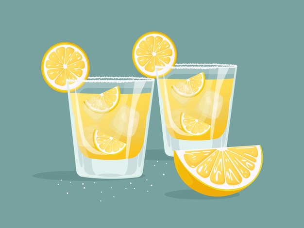 Zwei Schüsse Tequila mit Eis und Zitrone