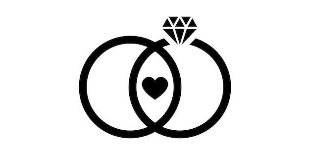Vektor zwei schwarze trauringe mit diamant auf weißem hintergrund. herz und zwei ringe. liebessymbol.
