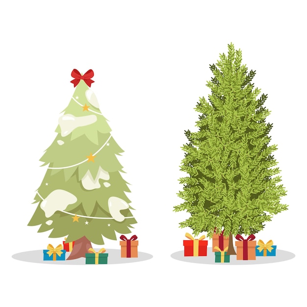 Zwei sehr bunte Weihnachtsbäume auf weißem Hintergrund