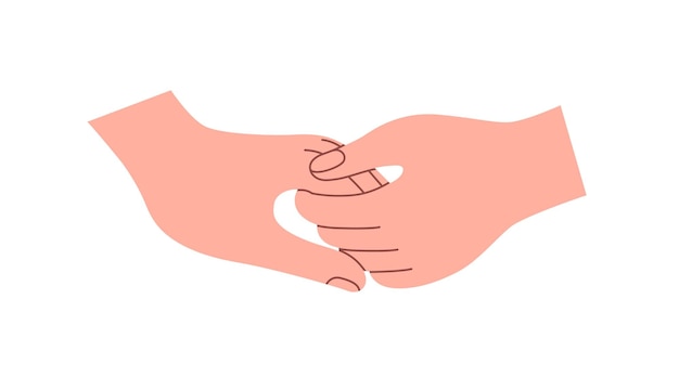 Zwei sich berührende Hände, die sich sorgfältig halten, Unterstützung, Liebe und Vertrauen, zärtliche romantische Beziehung im Paar, Zuneigung, Freundschaftskonzept, flache Vektorillustration, isoliert auf weißem Hintergrund.