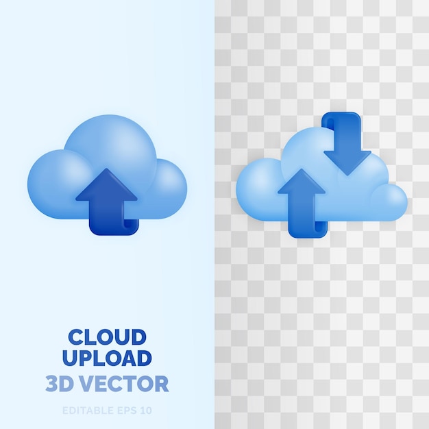 Zwei varianten shape cloud upload vektorillustration in 3d-glanz- und kunststoffstil entwicklung von technologie-websites und -apps