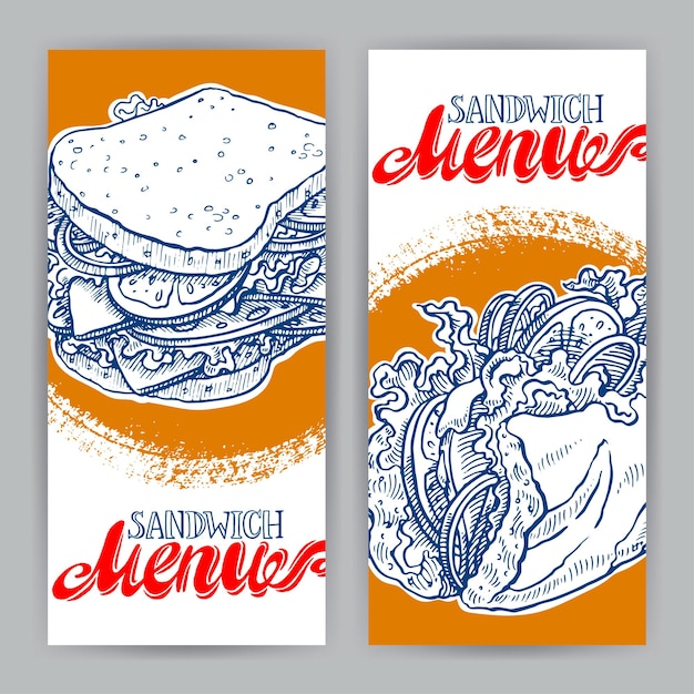 Zwei vertikale banner mit leckeren sandwiches. handgezeichnete illustration