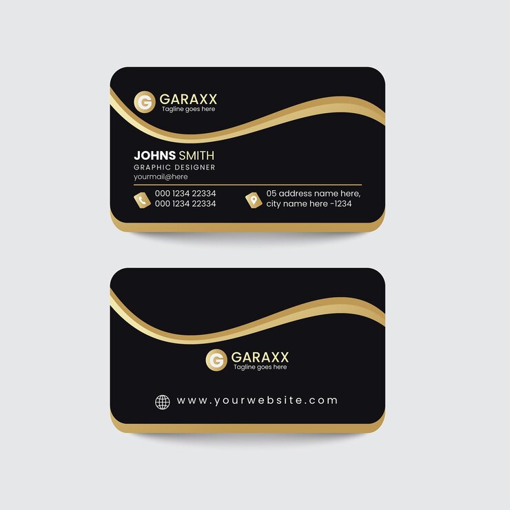 Zwei Visitenkarten mit einem gold-schwarzen Design und den Worten Garax darauf.