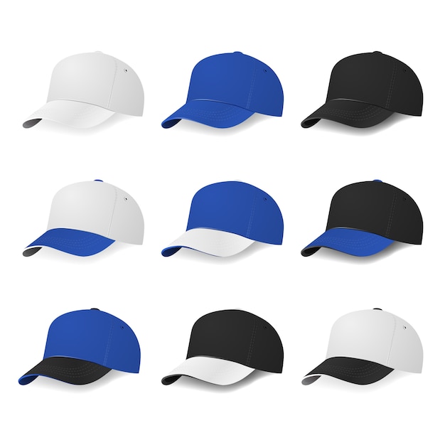 Zweifarbige Baseballmützen mit weißen, blauen und schwarzen Farben. Illustration.