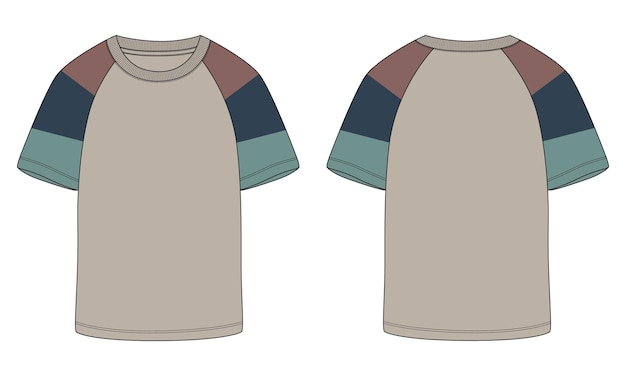 Vektor zweifarbige raglan-kurzarm-t-shirt-vektorillustrationsvorlage, vorder- und rückansicht