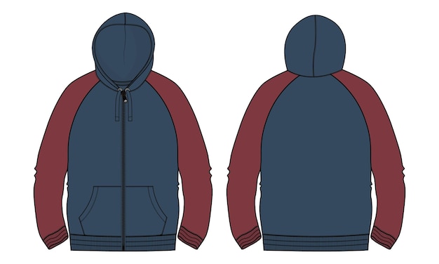 Zweifarbiger, marineblauer und roter farb-hoodie technische mode flache skizze vektor-illustrationsvorlage