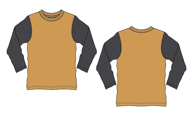 Vektor zweifarbiges gelbes und schwarzes langarm-t-shirt technische mode flache skizzenvektorvorlage